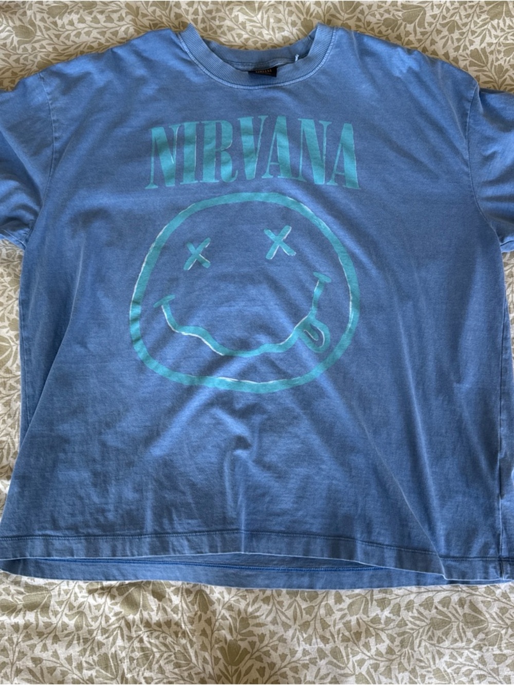 NIRVANA Blue Tee with Aqua Smiley Graphic